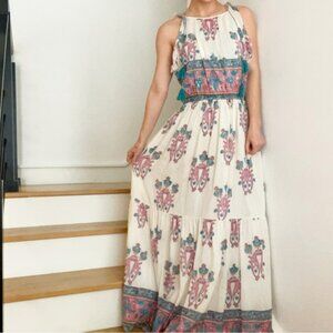 Bell by Alicia Bell Riley Silk Cotton Boho White Blue Pink Tapestry Maxi Dress